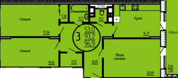 Трёхкомнатная квартира 93.2 м²
