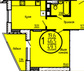 Однокомнатная квартира 46.5 м²