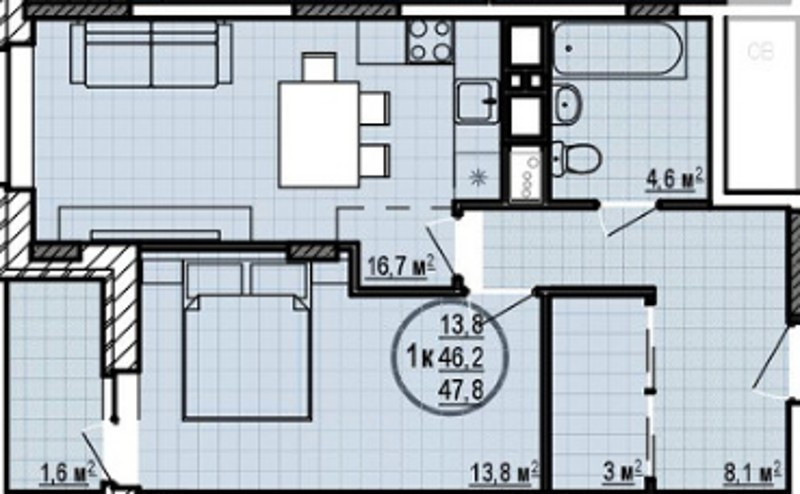 Однокомнатная квартира 46.2 м²