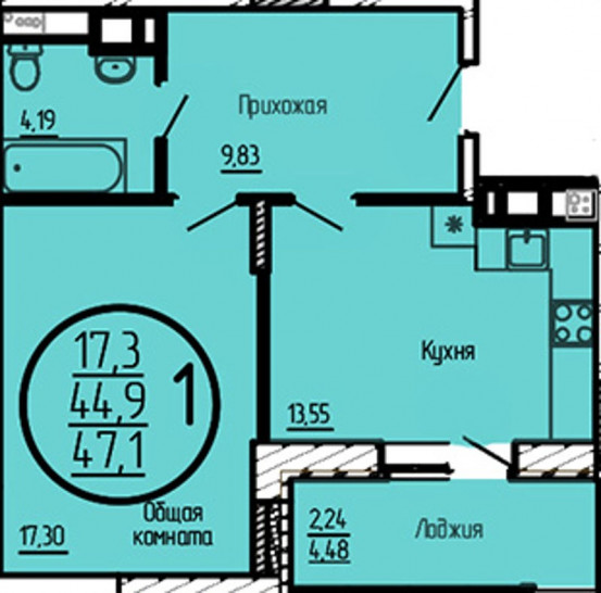 Однокомнатная квартира 44.9 м²