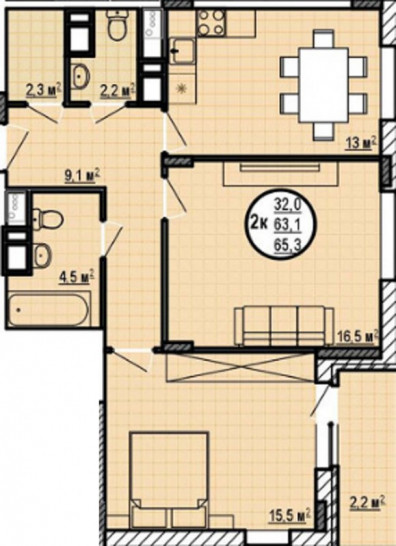 Двухкомнатная квартира 63.1 м²