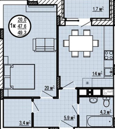 Однокомнатная квартира 47.6 м²
