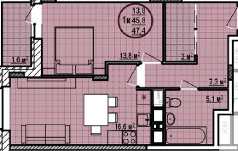Однокомнатная квартира 45.8 м²