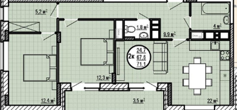 Двухкомнатная квартира 67.6 м²